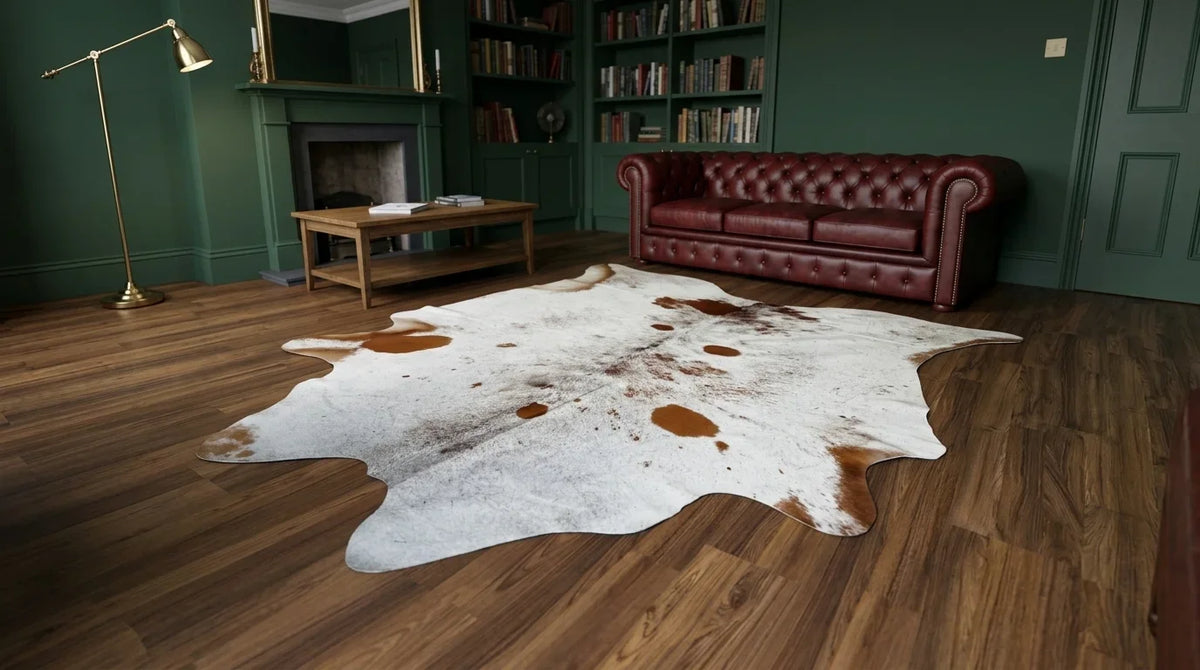 Brown and White cowhide rug on hardwood floor in london townhouse living room