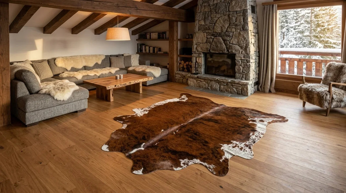 Brown and White cowhide rug on hardwood floor in modern chalet living room