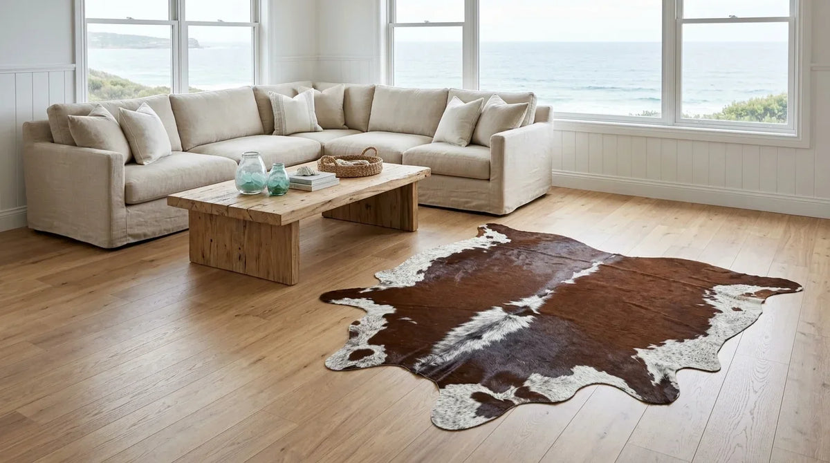 Brown and White cowhide rug on hardwood floor in Hamptons Coastal living room