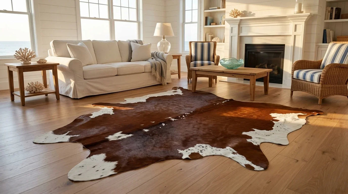 Brown and White cowhide rug on hardwood floor in hamptons coastal living room