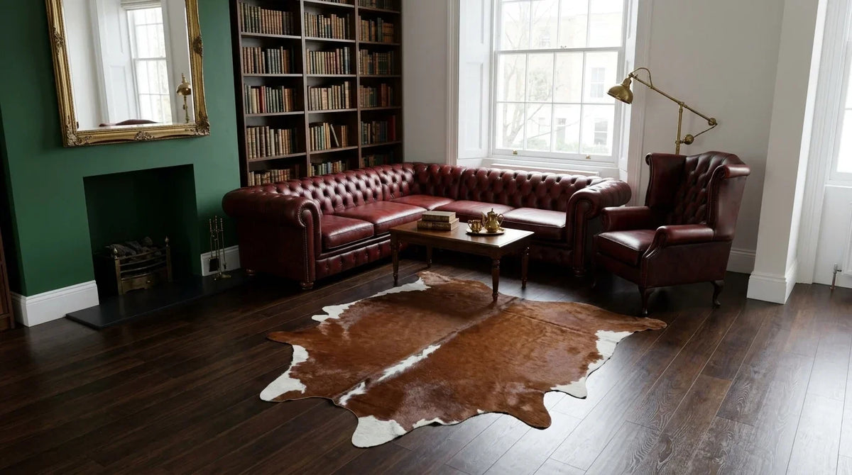 Brown and White cowhide rug on hardwood floor in london townhouse living room