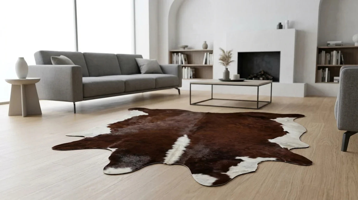 Brown and White cowhide rug on hardwood floor in contemporary european living room