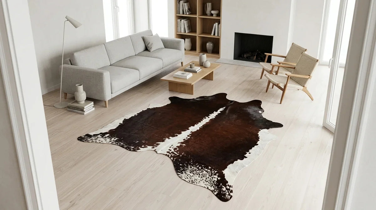 Brown and White cowhide rug on hardwood floor in Contemporary European living room