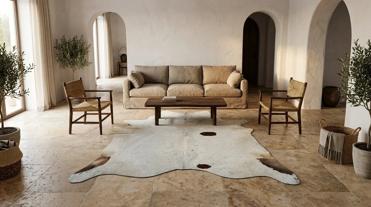 Brown and White cowhide rug on hardwood floor in organic mediterranean living room