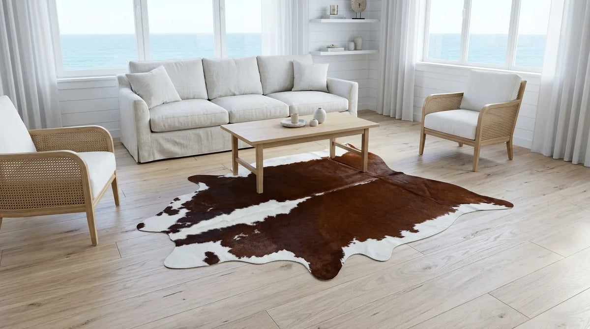 Kuhfell in Braun-Weiß im Wohnzimmer im Hamptons-Küstenstil