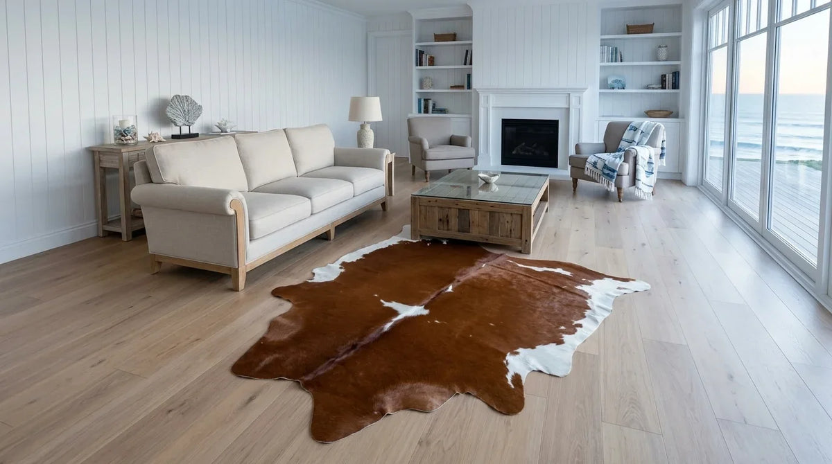 Brown and White cowhide rug on hardwood floor in Hamptons Coastal living room