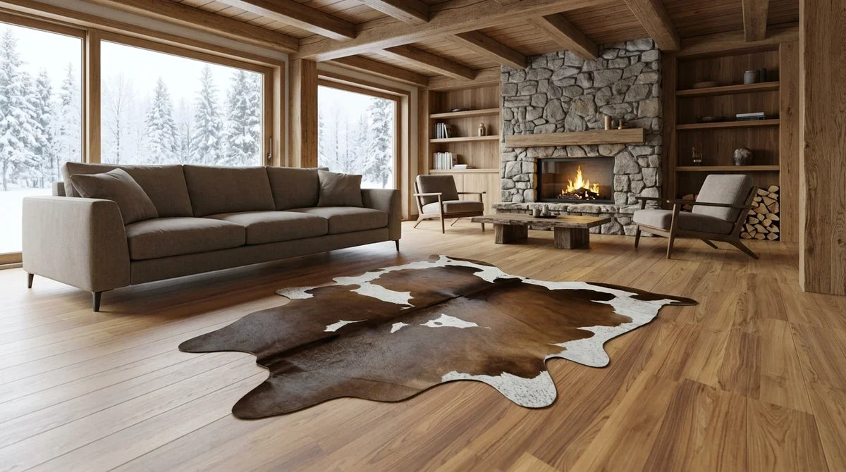 Brown and White cowhide rug on hardwood floor in modern chalet living room