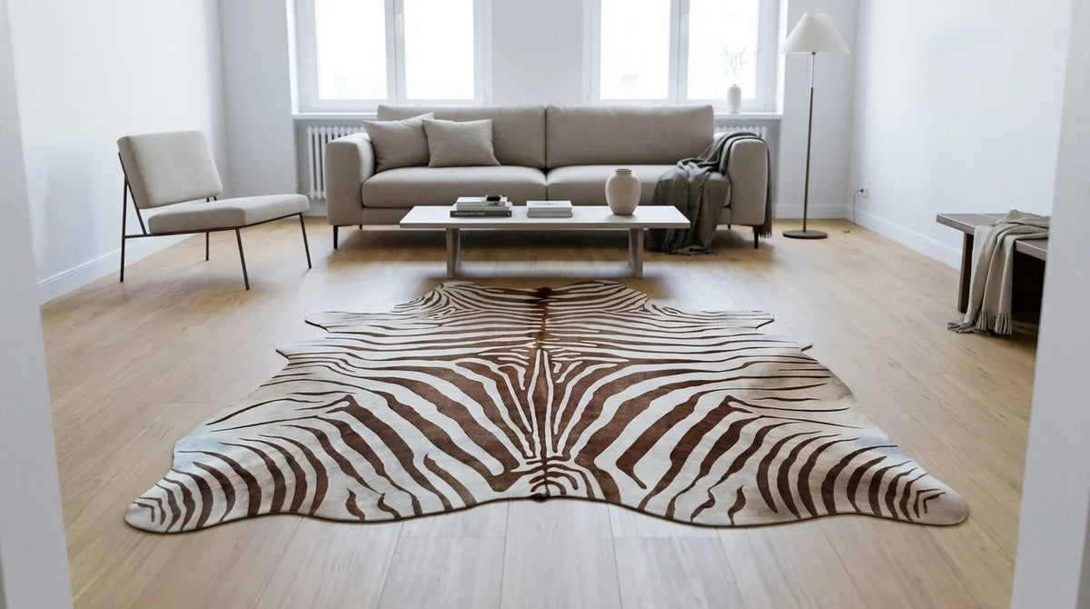 Brown and White cowhide rug on hardwood floor in contemporary european living room