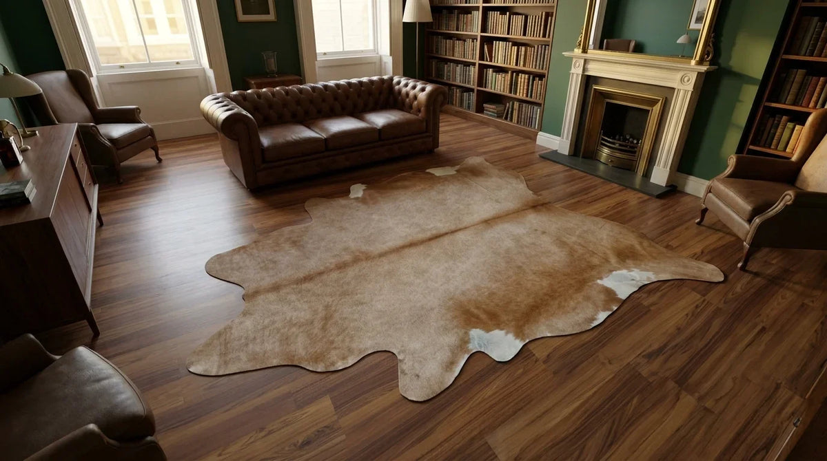 Brown and White cowhide rug on hardwood floor in London Townhouse living room