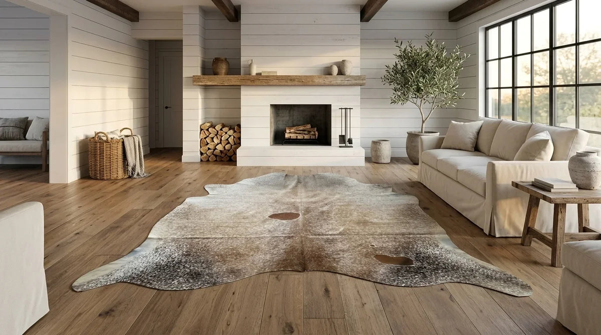 Brown and White cowhide rug on hardwood floor in modern farmhouse living room