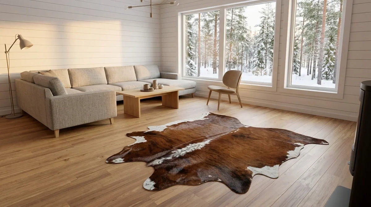 Brown and White cowhide rug on hardwood floor in Scandinavian Cabin living room