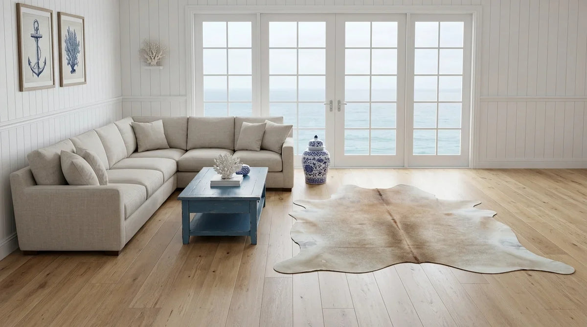 Brown and White cowhide rug on hardwood floor in hamptons coastal living room