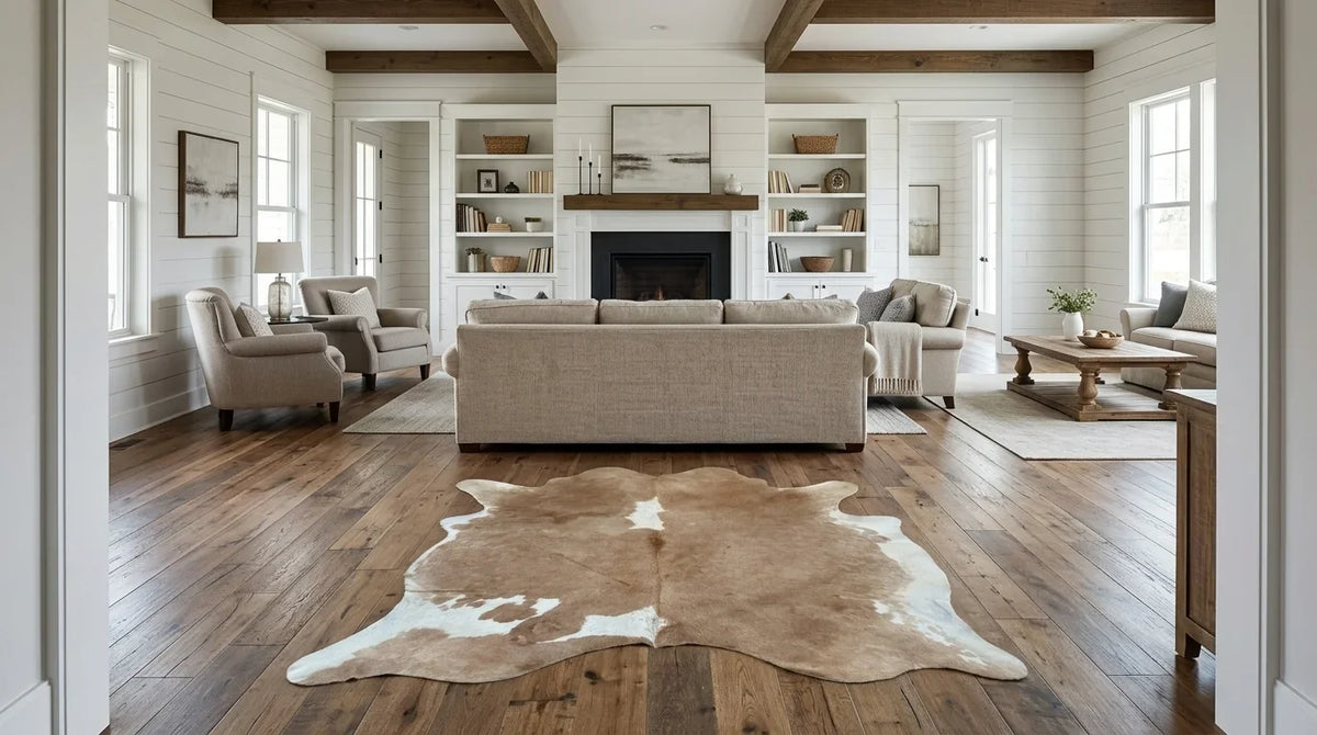 Brown and White cowhide rug on hardwood floor in modern farmhouse living room