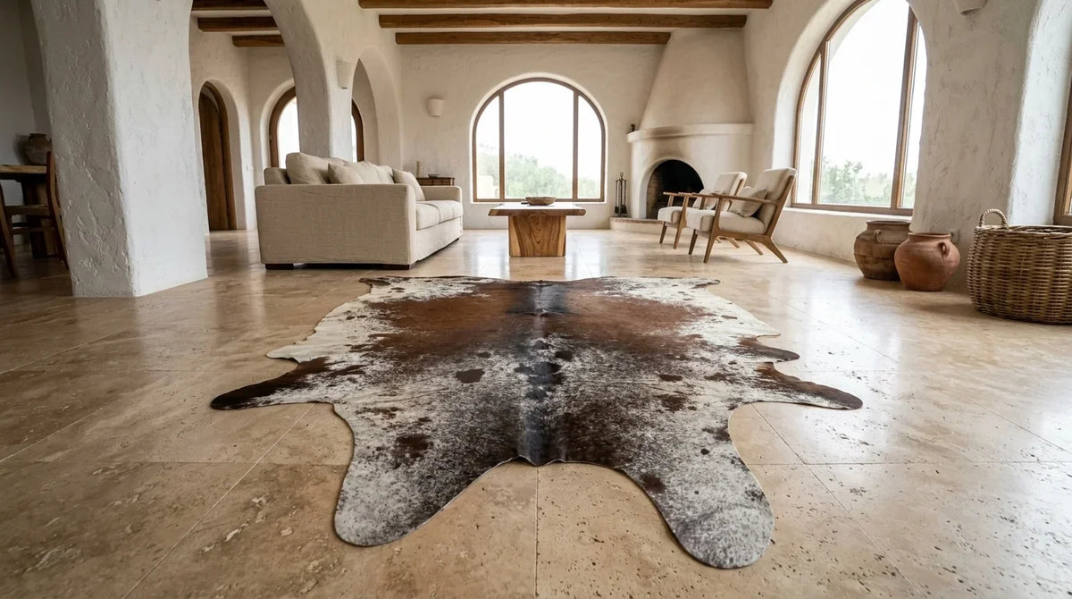 Brown and White cowhide rug on hardwood floor in organic mediterranean living room