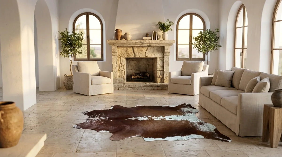 Brown and White cowhide rug on hardwood floor in Organic Mediterranean living room