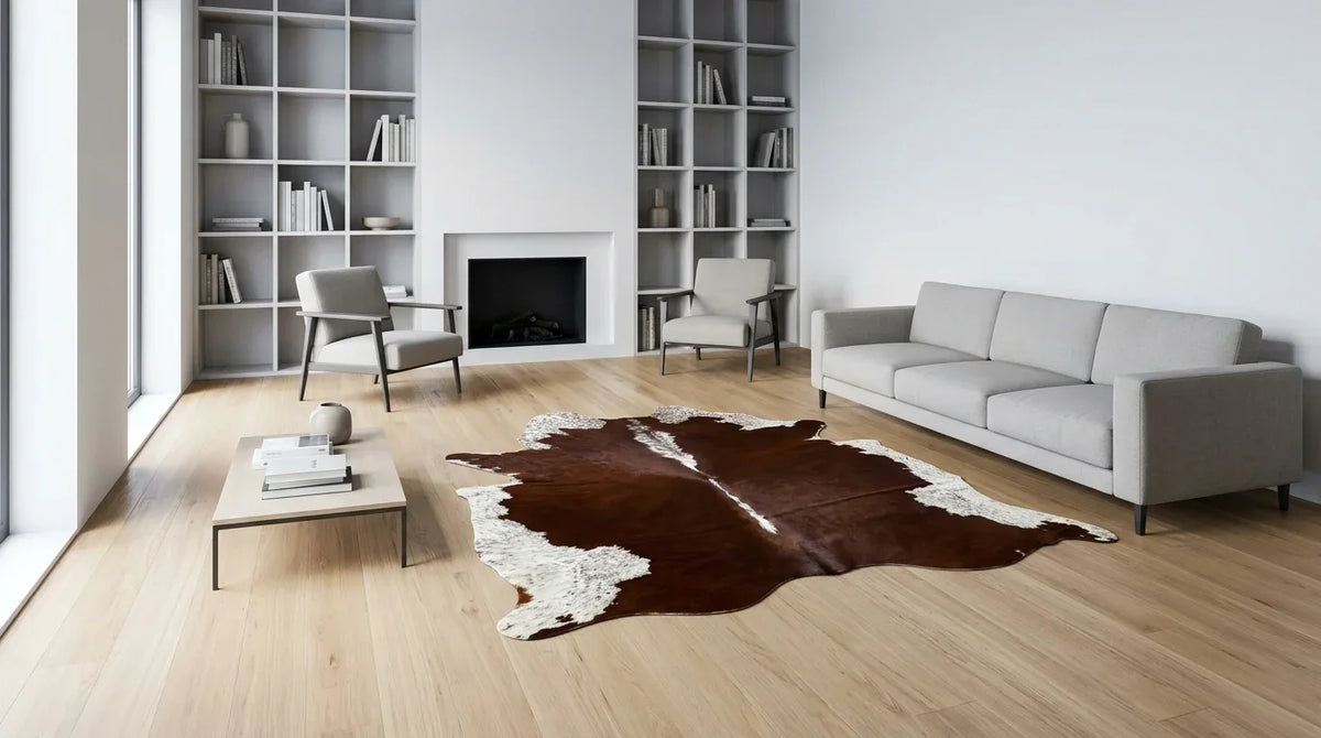 Brown and White cowhide rug on hardwood floor in contemporary european living room