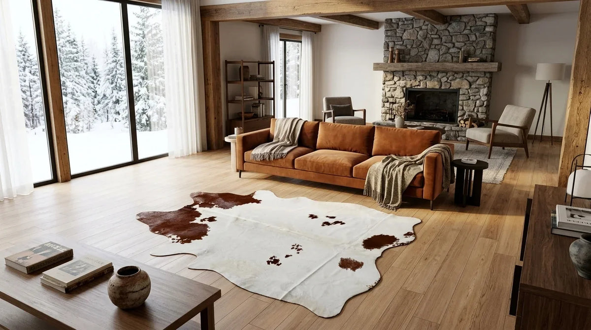 Kuhfell in Braun-Weiß im Wohnzimmer im alpinen Chalet-Stil