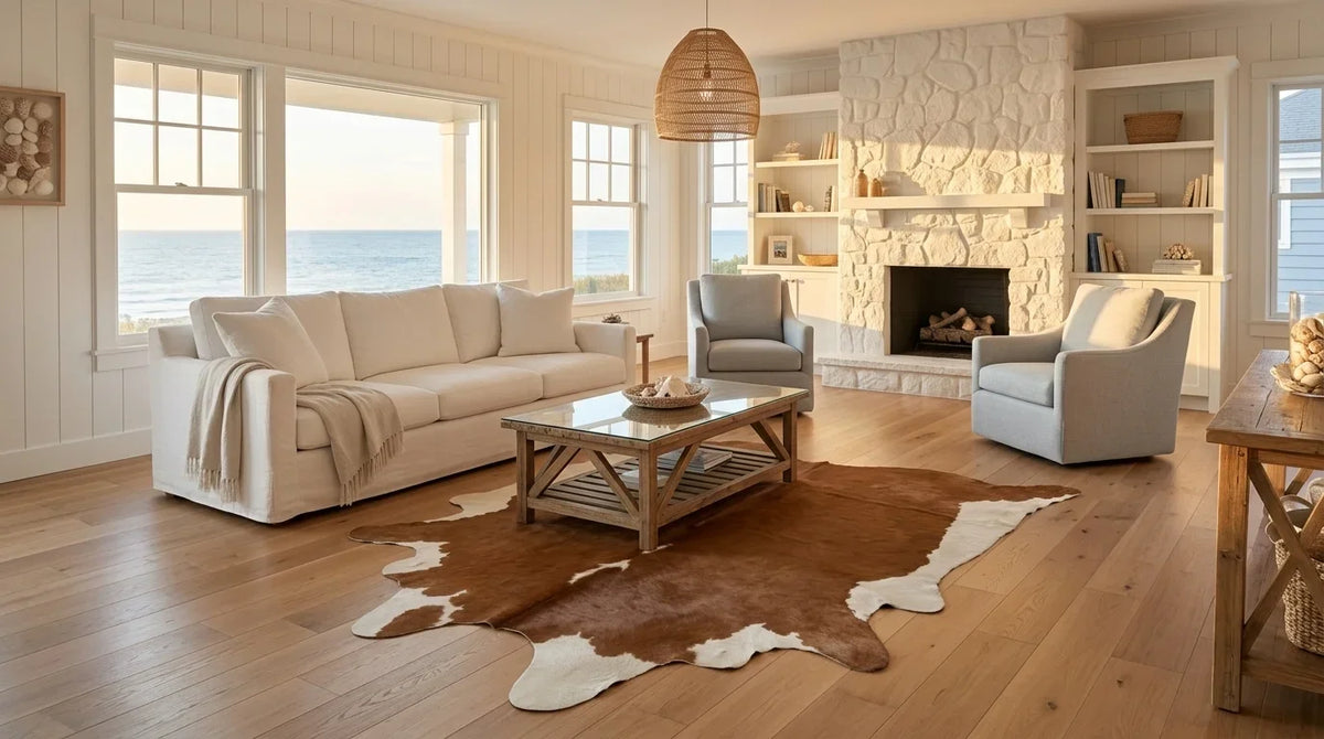Brown and White cowhide rug on hardwood floor in hamptons coastal living room