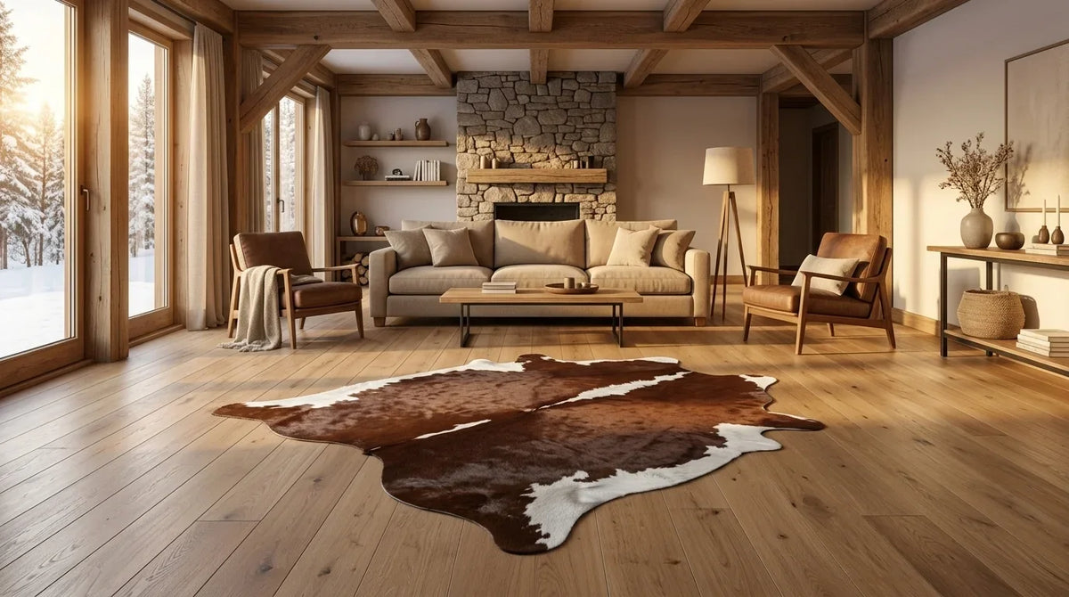 Brown and White cowhide rug on hardwood floor in Modern Chalet living room