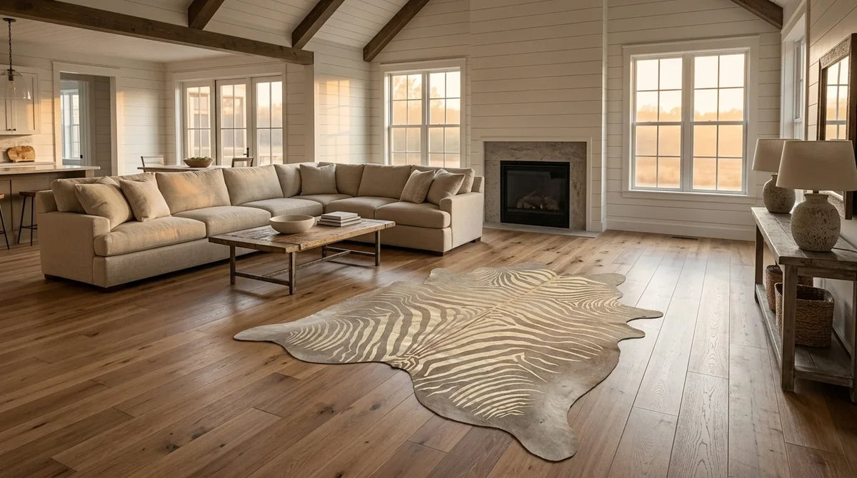 Brown and White cowhide rug on hardwood floor in modern farmhouse living room