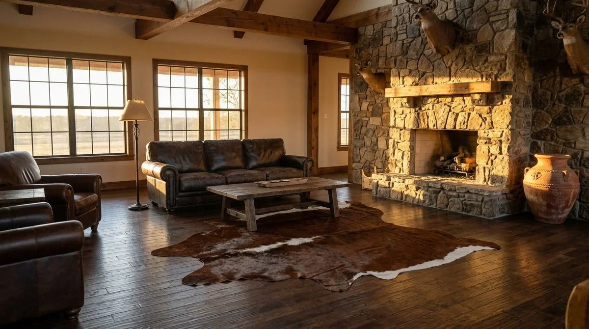 Brown and White cowhide rug on hardwood floor in texas ranch living room