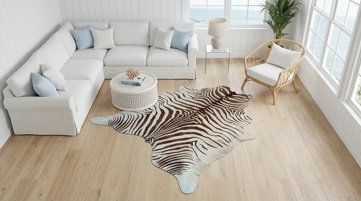 Brown and White cowhide rug on hardwood floor in hamptons coastal living room