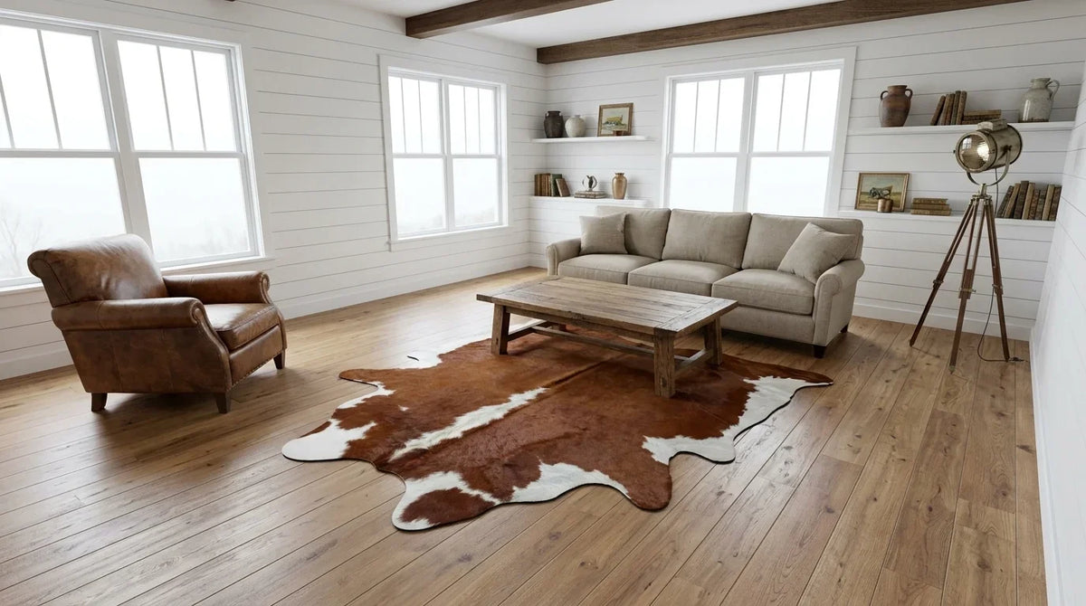 Brown and White cowhide rug on hardwood floor in modern farmhouse living room