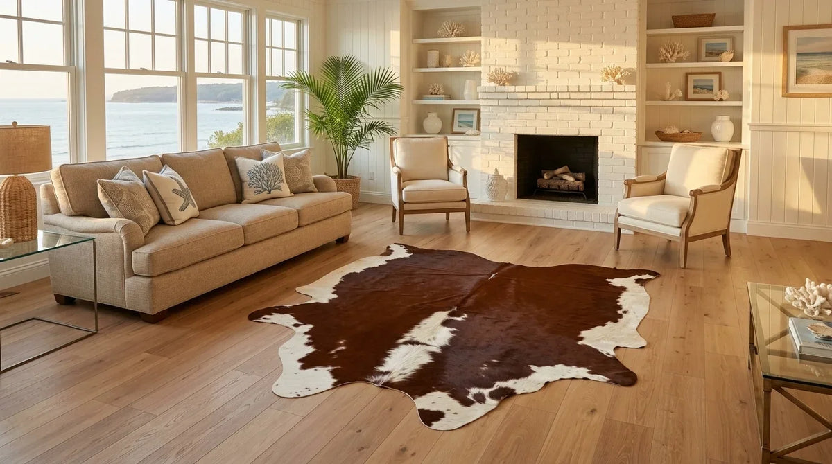 Brown and White cowhide rug on hardwood floor in hamptons coastal living room