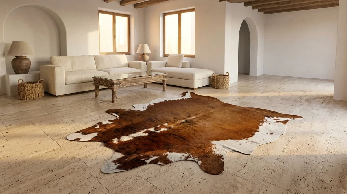 Brown and White cowhide rug on hardwood floor in organic mediterranean living room