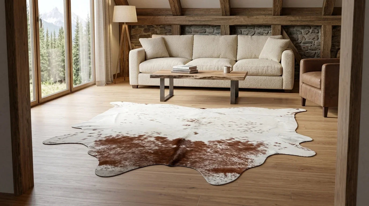 Kuhfell in Braun-Weiß im Wohnzimmer im alpinen Chalet-Stil