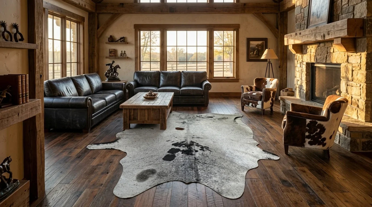 Brown and White cowhide rug on hardwood floor in texas ranch living room