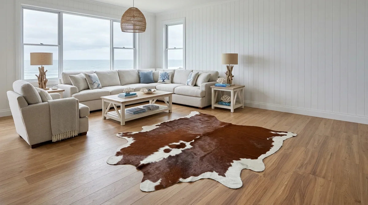 Brown and White cowhide rug on hardwood floor in hamptons coastal living room