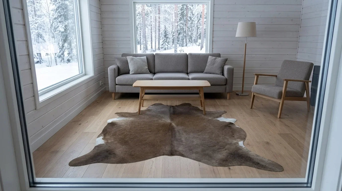 Brown and White cowhide rug on hardwood floor in scandinavian cabin living room