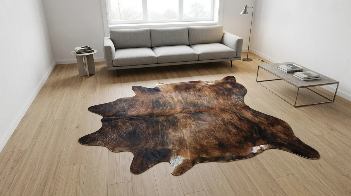 Brown and White cowhide rug on hardwood floor in Contemporary European living room