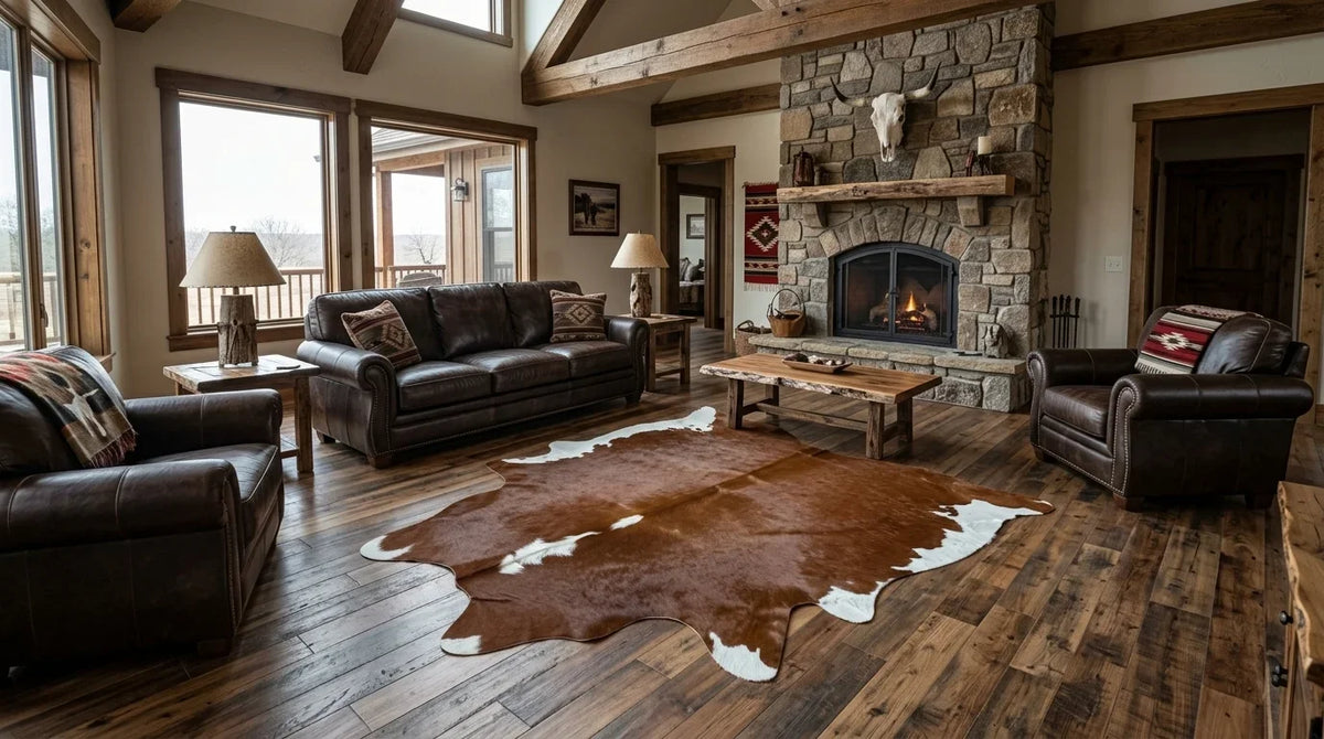 Brown and White cowhide rug on hardwood floor in texas ranch living room