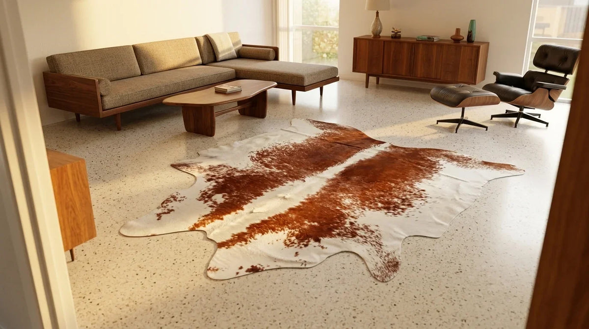 Brown and White cowhide rug on hardwood floor in Midcentury Modern living room