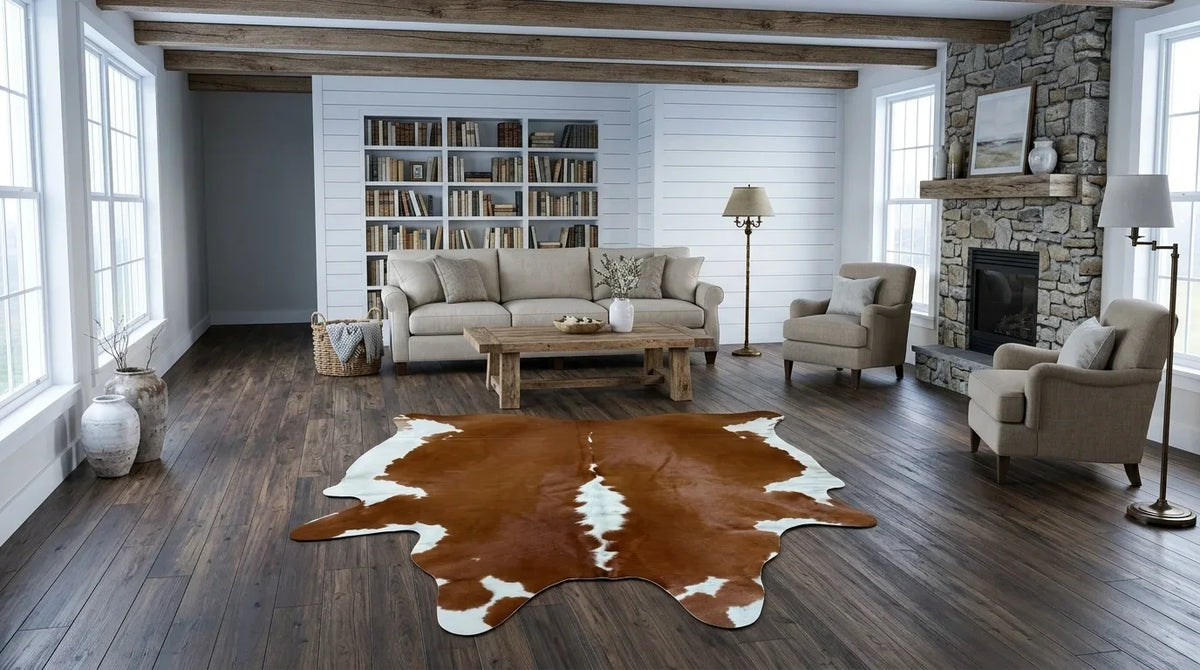 Brown and White cowhide rug on hardwood floor in modern farmhouse living room