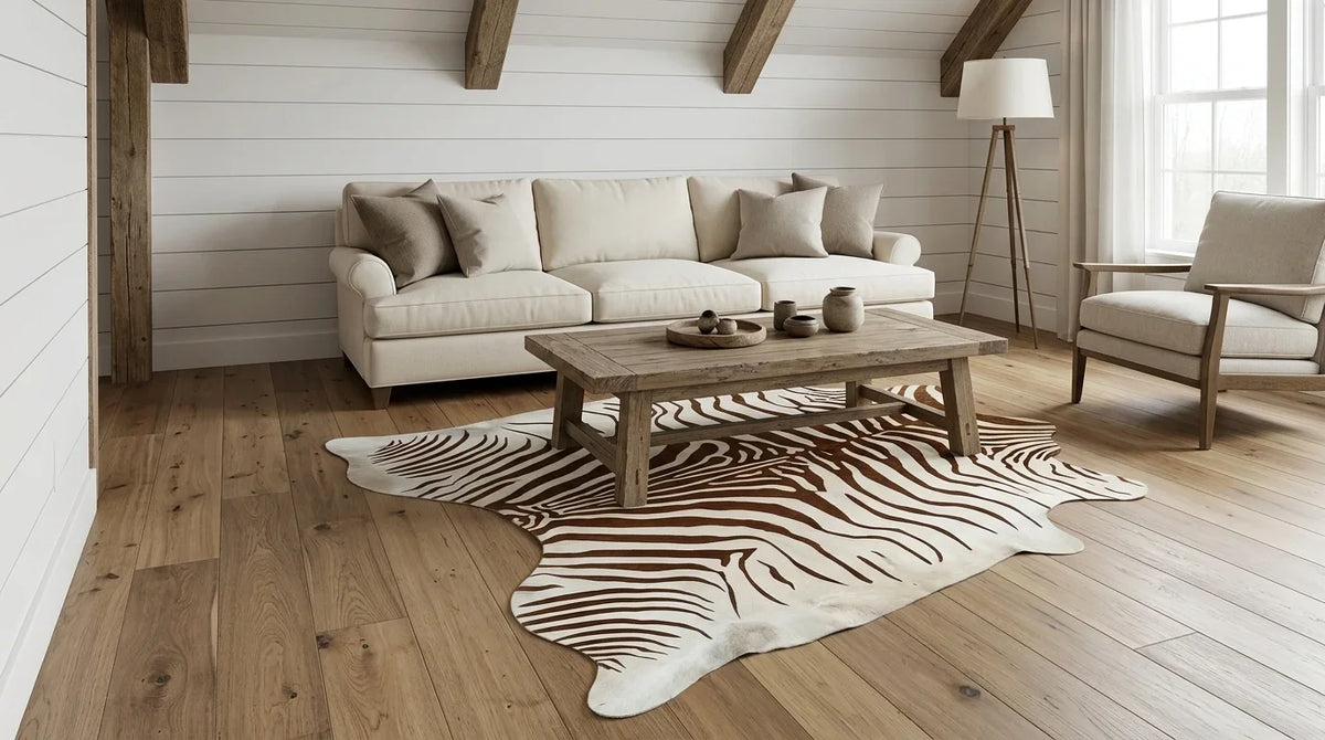 Brown and White cowhide rug on hardwood floor in modern farmhouse living room