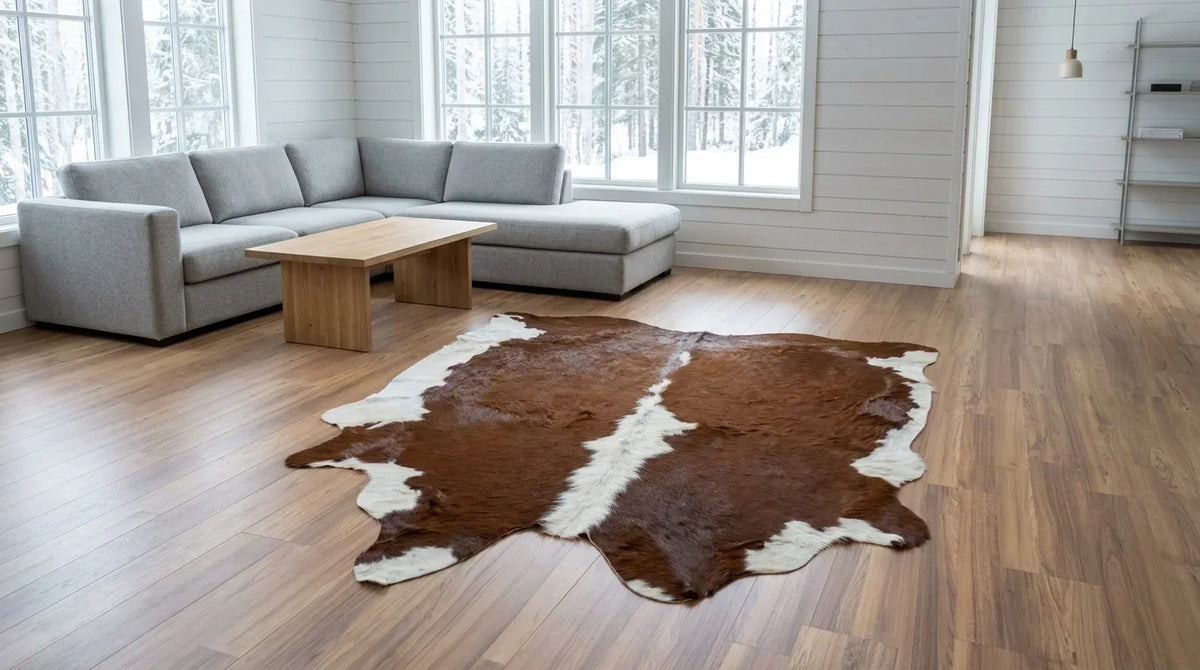 Brown and White cowhide rug on hardwood floor in scandinavian cabin living room