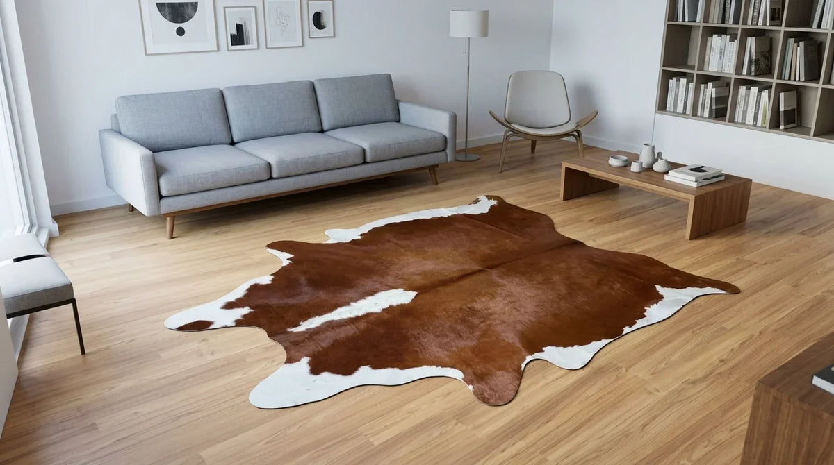 Kuhfell in Braun-Weiß im Wohnzimmer im zeitgenössischen europäischen Stil