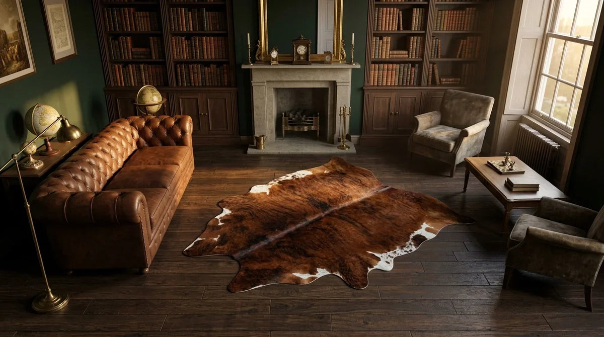 Brown and White cowhide rug on hardwood floor in london townhouse living room