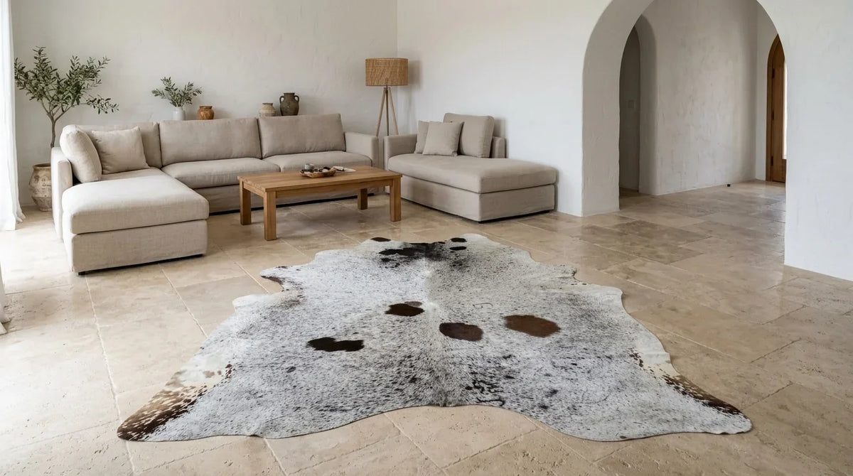 Brown and White cowhide rug on hardwood floor in organic mediterranean living room