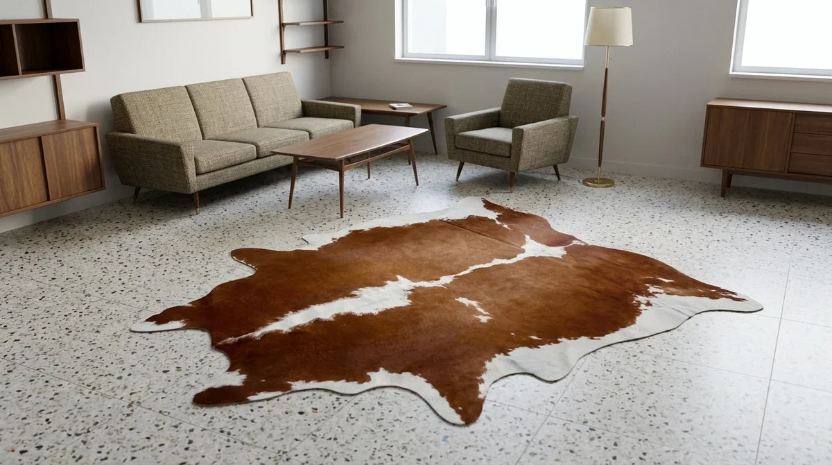 Brown and White cowhide rug on hardwood floor in midcentury modern living room