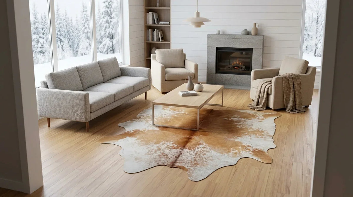 Brown and White cowhide rug on hardwood floor in scandinavian cabin living room