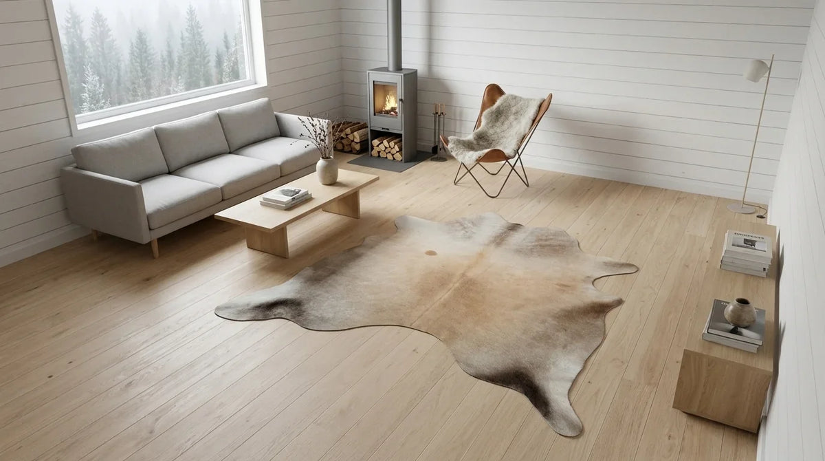 Brown and White cowhide rug on hardwood floor in scandinavian cabin living room