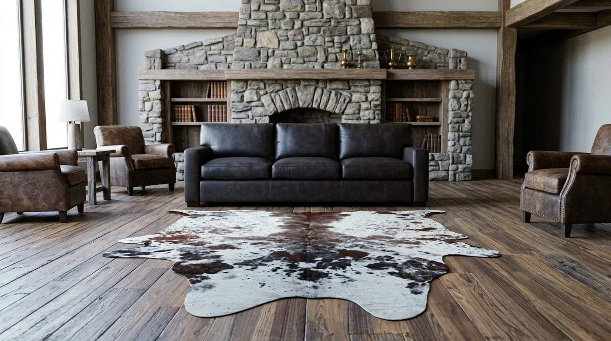 Brown and White cowhide rug on hardwood floor in Texas Ranch living room