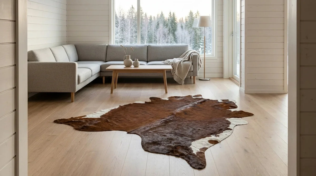 Brown and White cowhide rug on hardwood floor in scandinavian cabin living room