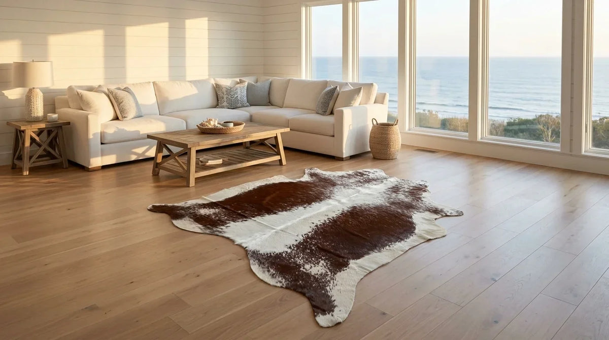 Brown and White cowhide rug on hardwood floor in hamptons coastal living room