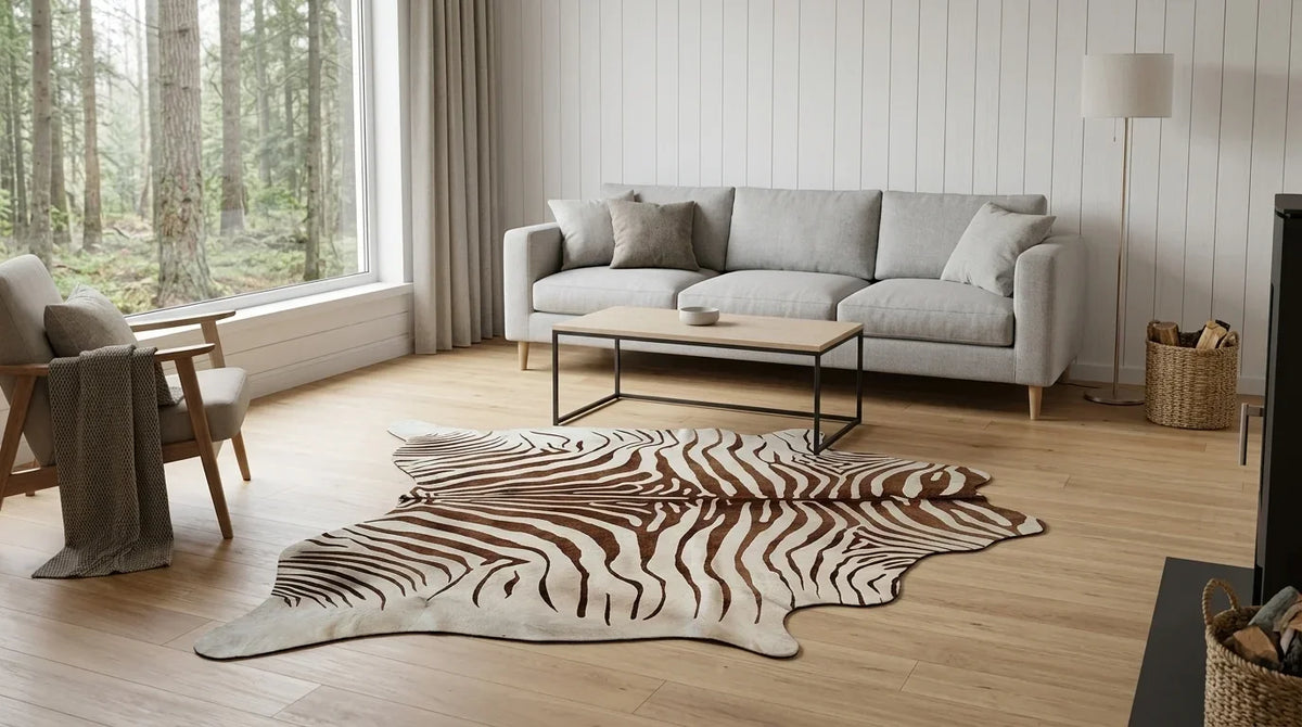 Brown and White cowhide rug on hardwood floor in scandinavian cabin living room