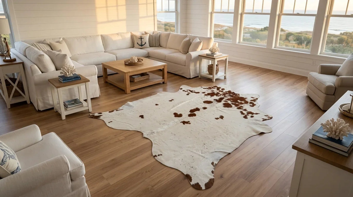 Brown and White cowhide rug on hardwood floor in hamptons coastal living room